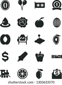 Solid Black Vector Icon Set - baby toy train vector, yule, colored air balloons, concrete mixer, building level, peper, ripe peach, squash, melon, half of mango, lemon, juicy, drop oil, gpu card