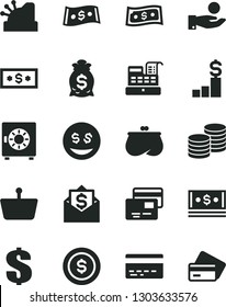 Solid Black Vector Icon Set - bank card vector, dollar, strongbox, cards, coins, shopping basket, catch a coin, purse, cash, machine, cashbox, pedestal, money bag, eyes, mail, credit