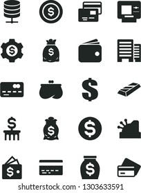 Solid Black Vector Icon Set - bank card vector, dollar, buildings, big data server, cards, front of the, wallet, purse, money, dollars, cashbox, gold bar, coin, bag, column, gear, atm, credit