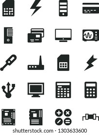 Solid Black Vector Icon Set - lightning vector, monitor window, bank card, electronic thermometer e, screen, cards, math actions, SIM, calculator, engineer, pc tower, motherboard, usb, router