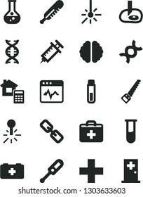 Solid Black Vector Icon Set - spectacles vector, first aid kit, plus, electronic thermometer e, mercury, bag of a paramedic, arm saw, estimate, cardiogram, flask, outdoor, test tube, dna, brain