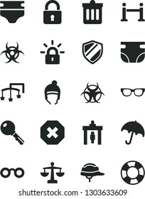 Solid Black Vector Icon Set - mark of injury vector, scales, toys over the cot, diaper, nappy, winter hat, helmet, dust bin, lock, key, umbrella, encrypting, glasses, biohazard, rope barrier, shield