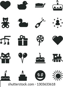 Solid Black Vector Icon Set - heart symbol vector, toys over the cradle, rubber duck, baby duckling, teddy bear, toy train, colored air balloons, cake, gift, slice, torte, birthday, lollipop, sun