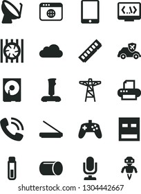 Solid Black Vector Icon Set - desktop microphone vector, power pole, autopilot, pipe, satellite dish, phone call, tablet pc, radiator fan, memory, hdd, usb, printer, scanner, browser, coding, cloud