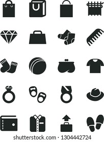 Solid Black Vector Icon Set - paper bag vector, purse, hat, bath ball, comb, warm socks, Knitted, shoes for little children, with handles, T shirt, folded, cloth industry, hand, diamond, ring, gold