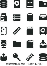 Solid Black Vector Icon Set - folder vector, bookmark, chest of drawers, key, big data, server, put in a box, drawer, strongbox, package, unpacking, barrel, memory, hdd, usb, sd card