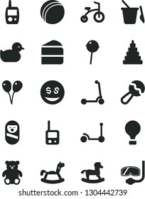 Solid Black Vector Icon Set - beanbag vector, baby duckling, bath ball, stacking toy, roly poly doll, phone, mobile, children's sand set, small teddy bear, rocking horse, colored air balloons