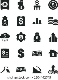 Solid Black Vector Icon Set - dollar vector, strongbox, coins, chart, recession, a crisis, article on the, financial item, dollars, growth arrows, money bag hand, rain, coin, mortgage, column, gear