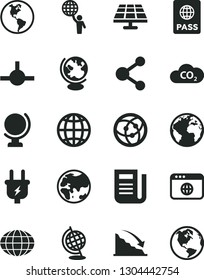 Solid Black Vector Icon Set - sign of the planet vector, globe, earth, passport, solar panel, plug, CO2, connection, recession, newspaper, network, browser, connect, man hold world