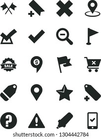 Solid Black Vector Icon Set - warning vector, add bookmark, zoom out, check mark, cross, label, pennant, question, star, flag, crossed cart, location, geolocation, text highlighter, sale, flags