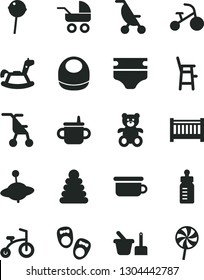 Solid Black Vector Icon Set - baby cot vector, mug for feeding, bottle, diaper, bib, carriage, summer stroller, sitting, stacking rings, toy sand set, children's potty, a chair child, teddy bear