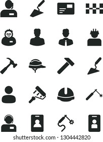 Solid Black Vector Icon Set - trowel vector, building, paint roller, ceramic tiles, construction helmet, hammer, with claw, employee, pass card, operator, builder, welding, gas, woman, man, identity