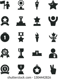 Solid Black Vector Icon Set - star vector, flame torch, pedestal, winner podium, award, cup, gold, reward, man with medal, hold flag, first place, ribbon, hero, hands up, victory hand