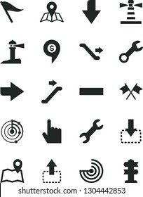 Solid Black Vector Icon Set - downward direction vector, right, wind indicator, minus, index finger, map, move up, down, lighthouse, coastal, repair, radar, cross flags, dollar pin, escalator