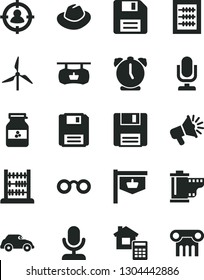 Solid Black Vector Icon Set - desktop microphone vector, floppy disk, hat, camera roll, new abacus, estimate, alarm clock, jar of jam, windmill, retro car, vintage sign, man in sight, loudspeaker