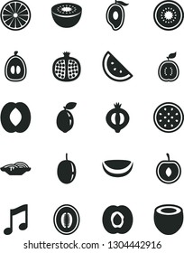 Solid Black Vector Icon Set - music vector, slices of onion, orange slice, half apricot, pomegranate, medlar, mango, peach, melon, loquat, cherry, passion fruit, kiwi, sour lime, guawa