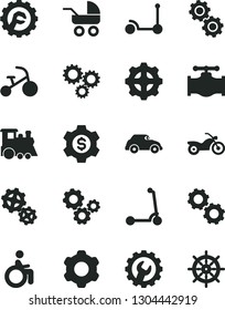 Solid Black Vector Icon Set - baby carriage vector, children's train, tricycle, Kick scooter, child, cogwheel, gear, star, valve, gears, retro car, three, dollar, motorcycle, disabled, handwheel