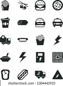 Solid Black Vector Icon Set - lightning vector, dangers, car, delivery, sausage, pizza, Hot Dog, mini, big burger, a bowl of buckwheat porridge, French fries, fried potato slices, Chinese chopsticks