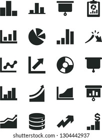Solid Black Vector Icon Set - growth up vector, bar chart, graph, negative histogram, big data, a crisis, statistical overview, ring diagram, pie charts, presentation, board, arrow, dollar pedestal