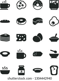 Solid Black Vector Icon Set - deep plate with a spoon vector, coffee, sausage, piece of cheese, eggs, loaf, cake hole, glazed, bowl buckwheat porridge, hot, milk, cup tea, glass, fried egg, omelette