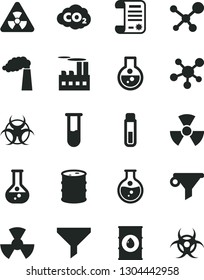 Solid Black Vector Icon Set - round flask vector, manufacture, oil, barrel, industrial building, radiation, carbon dyoxide, filter, water, research article, test tube, molecule, nuclear, biohazard