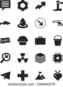 Solid Black Vector Icon Set - image of thought vector, paper airplane, growth up, plus, bucket, pile, right bottom arrow, cake, small fish, drop oil, coastal lighthouse, dollar, cpu, settings
