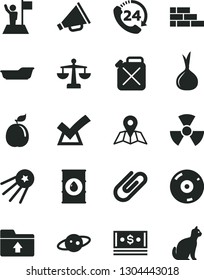 Solid Black Vector Icon Set - horn vector, upload folder, scales, bath, brick wall, map, 24, clip, guava, onion, oil, canister, cash, cd, nuclear, saturn, man with flag, confirm, first satellite