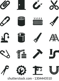 Solid Black Vector Icon Set - scissors vector, safety pin, open, crane, tower, adjustable wrench, hand saw, arm, ladder, ntrance door, gear, kitchen faucet, hammer, clip, tin, water pipes, magnet