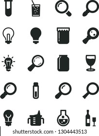 Solid Black Vector Icon Set - matte light bulb vector, incandescent lamp, measuring cup for feeding, magnifier, a glass of soda, jam, jar, magnifying, flask, test tube, zoom, wine