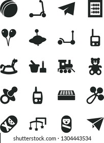 Solid Black Vector Icon Set - paper airplane vector, toys over the cot, dummy, new abacus, baby rattle, bath ball, roly poly doll, tumbler, toy phone, mobile, sand set, teddy bear, train, yule