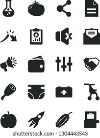 Solid Black Vector Icon Set - scribbled paper vector, nappy, sitting stroller, bag of a paramedic, received letter, no sound, chicken thigh, tomato, apple, cucumber, flask, connection, crisis