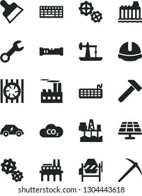 Solid Black Vector Icon Set - gears vector, concrete mixer, construction level, helmet, putty knife, hammer, commercial seaport, solar panel, oil derrick, hydroelectricity, industrial building, CO2