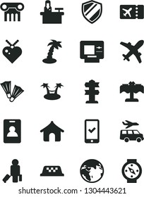 Solid Black Vector Icon Set - earth vector, taxi, identity card, passenger, plane ticket, phone registration, atm, boungalow, palm tree, restaurant, flippers, transfer, receptionist, shield, hammok