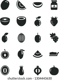 Solid Black Vector Icon Set - cake slice vector, jar of jam, grape, strawberry, rose hip, half medlar, blueberry, melon, water, mango, cherry, passion fruit, kiwi, sour lime, piece coconut