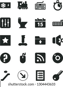 Solid Black Vector Icon Set - camera vector, keyboard, rss feed, upload folder, question, new abacus, comfortable toilet, calendar, regulator, no sound, right bottom arrow, mouse, pc power supply