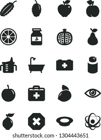 Solid Black Vector Icon Set - mark of injury vector, first aid kit, measuring cup for feeding, powder, bag a paramedic, bath, eye, plate milk, jar jam, pear, peach, half pomegranate, quince, juicy