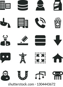 Solid Black Vector Icon Set - downward direction vector, toys over the cot, buildings, city block, drawing, package, size, cup of popcorn, power line, racer, steel production, phone call, think