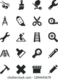 Solid Black Vector Icon Set - repair key vector, scissors, graphite pencil, zoom, cross, concrete mixer, long meashuring tape, wooden paint brush, stepladder, ladder, putty knife, temperature