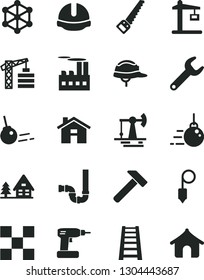 Solid Black Vector Icon Set - house vector, tower crane, big core, cordless drill, arm saw, stepladder, siphon, tile, construction helmet, plummet, hammer, working oil derrick, industrial building