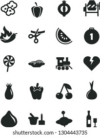 Solid Black Vector Icon Set - toy sand set vector, baby train, yule, concrete mixer, broken heart, slices of onion, peper, lollipop, popcorn, cherry, rose hip, fig, half medlar, slice water melon