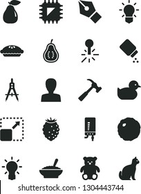 Solid Black Vector Icon Set - woman vector, baby powder, duckling, small teddy bear, electronic boiler, hammer with claw, expand picture, pie, a bowl of buckwheat porridge, cabbage, pear, part guava