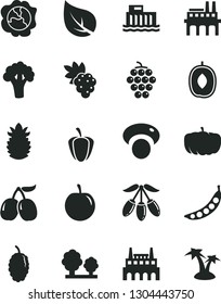 Solid Black Vector Icon Set - grape vector, large, squash, mulberry, tasty cornels, goji berry, delicious plum, ripe pineapple, pepper, peas, mashroom, broccoli, pumpkin, leaf, hydroelectric station