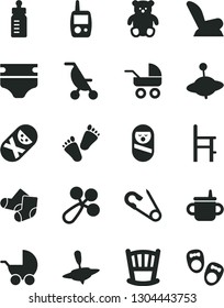 Solid Black Vector Icon Set - cradle vector, mug for feeding, bottle, diaper, baby rattle, car child seat, stroller, carriage, summer, open pin, Knitted Socks, roly poly doll, tumbler, a chair, yule