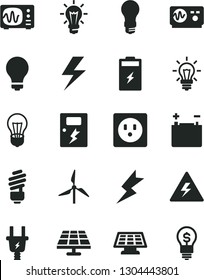 Solid Black Vector Icon Set - lightning vector, danger of electricity, matte light bulb, saving, dangers, charging battery, solar panel, windmill, accumulator, electric plug, socket, oscilloscope