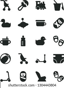 Solid Black Vector Icon Set - mug for feeding vector, bottle, nappy, beanbag, car child seat, summer stroller, sitting, rubber duck, baby duckling, bath ball, roly poly doll, tumbler, potty, train