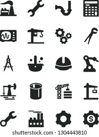 Solid Black Vector Icon Set - crane vector, tower, cogwheel, adjustable wrench, sewerage, construction helmet, working oil derrick, factory, industrial building, pipes, robot welder, metallurgy