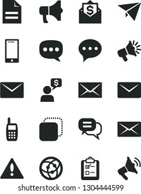 Solid Black Vector Icon Set - warning vector, envelope, scribbled paper, speech, smartphone, survey, megaphone, copy, loudspeaker, mobile phone, network, mail, dialog, plane, money