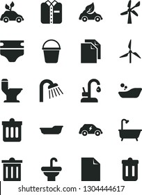 Solid Black Vector Icon Set - bin vector, clean sheet of paper, diaper, children's bathroom, bath, bucket, washbasin, comfortable toilet, shower, kitchen faucet, dust, folded shirt, windmill, trash