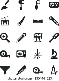 Solid Black Vector Icon Set - graphite pencil vector, zoom, electronic thermometer e, mercury, drumroll, drum, building trowel, arm saw, measuring tape, long meashuring, construction level, plummet