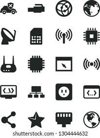 Solid Black Vector Icon Set - power socket type b vector, star, autopilot, satellite dish, SIM, connection, scheme, cpu, router, network, browser, coding, lan connector, wireless, earth
